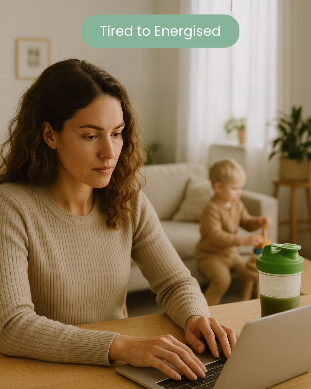 Tired to Energised Image Woman Working Laptop with Greens in Shaker
