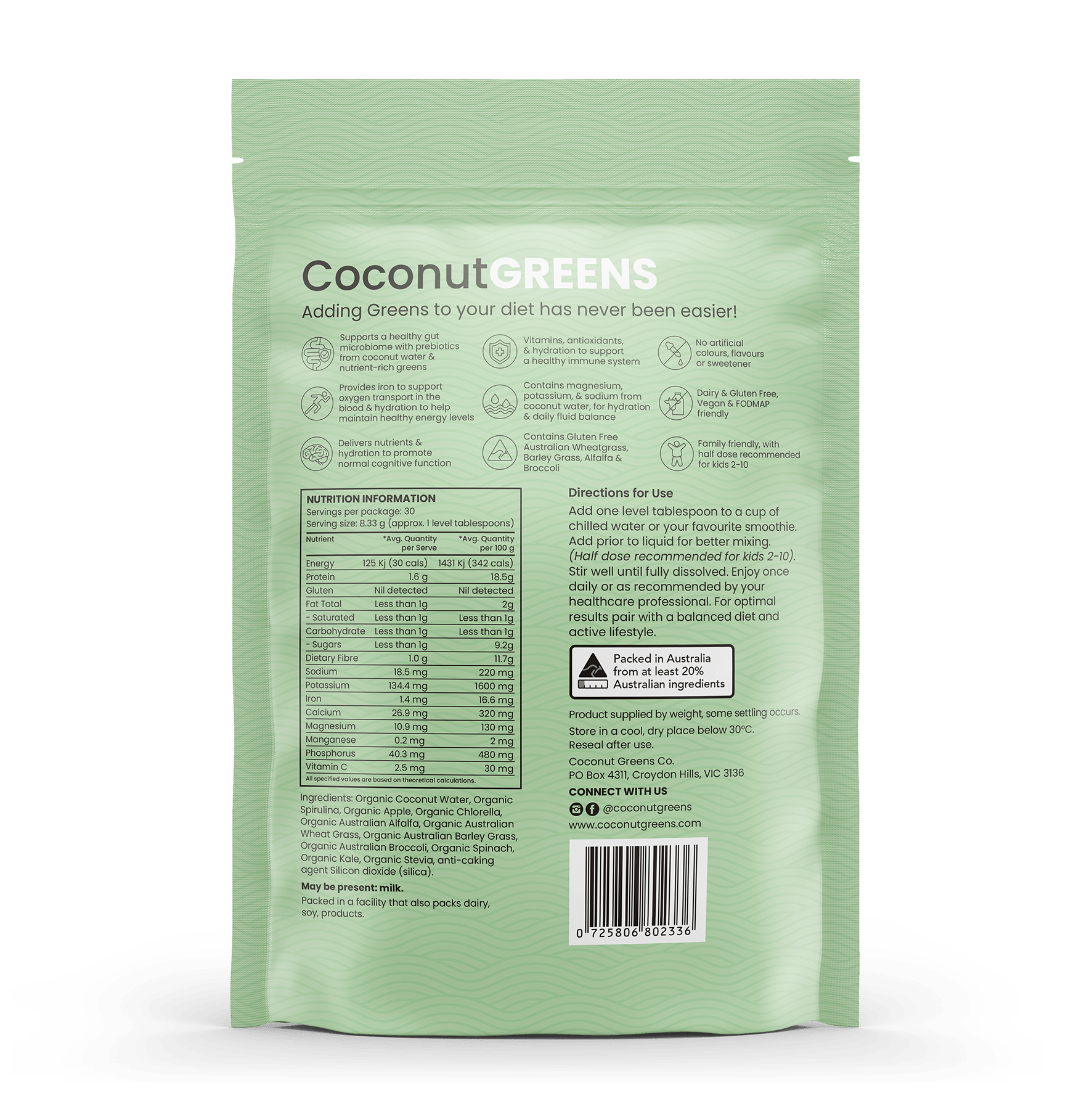Coconut Greens Co. Food Coconut Greens – Super Greens with Coconut Water | 250g Pouch (30 Serves)