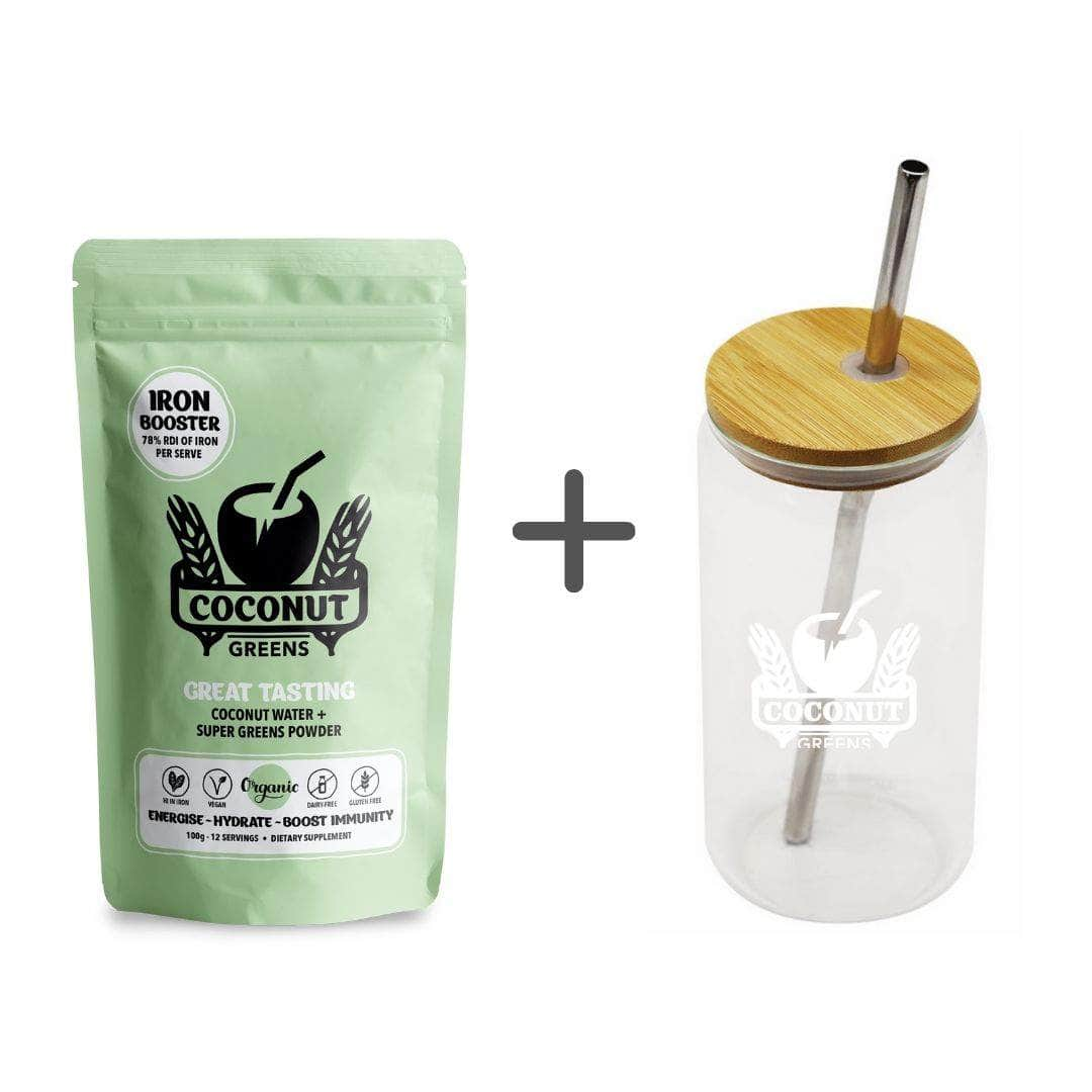 Coconut Greens Food Go Pouch + Glass Tumbler w/straw