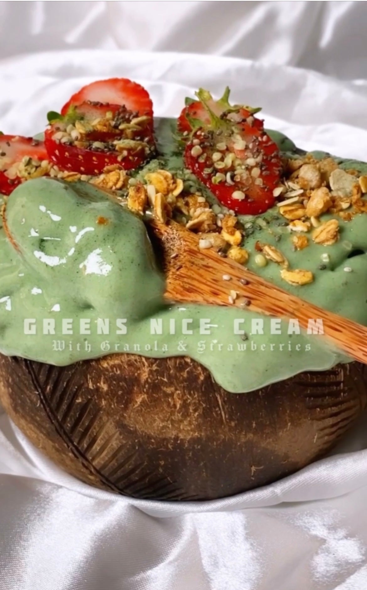 Greens Nice Cream with Granola & Strawberries coconut bowl