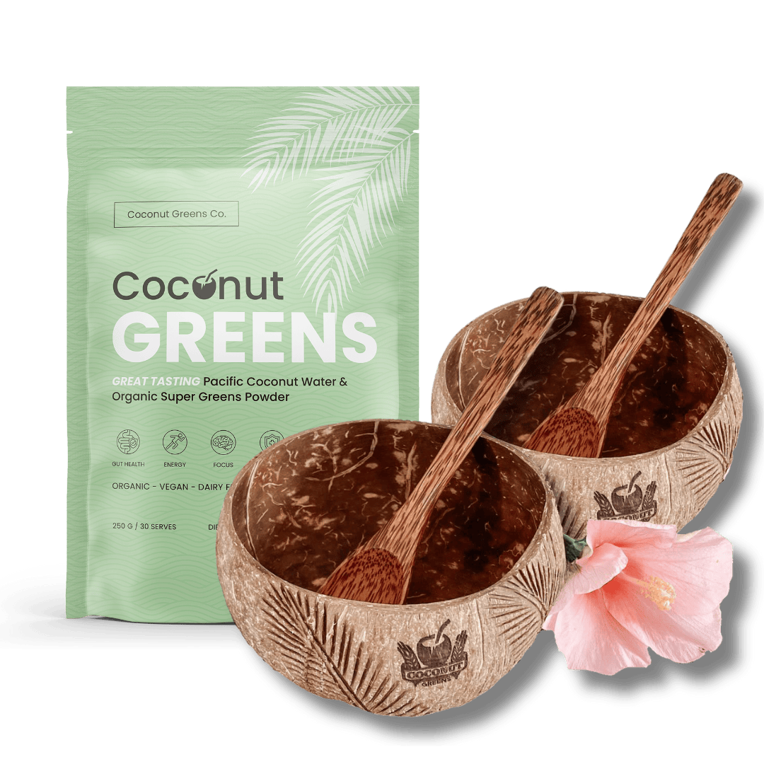 Coconut Greens Co. Brunch Buddy Bundle — Coconut Greens Pouch (250 g) + 2 Coconut Bowls + 2 Hand-Crafted Spoons